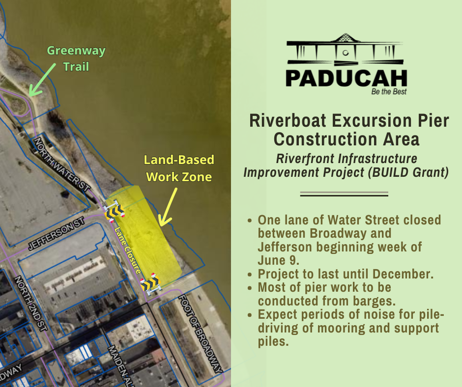 Aerial map of downtown Paducah with a yellow outline showing project area.