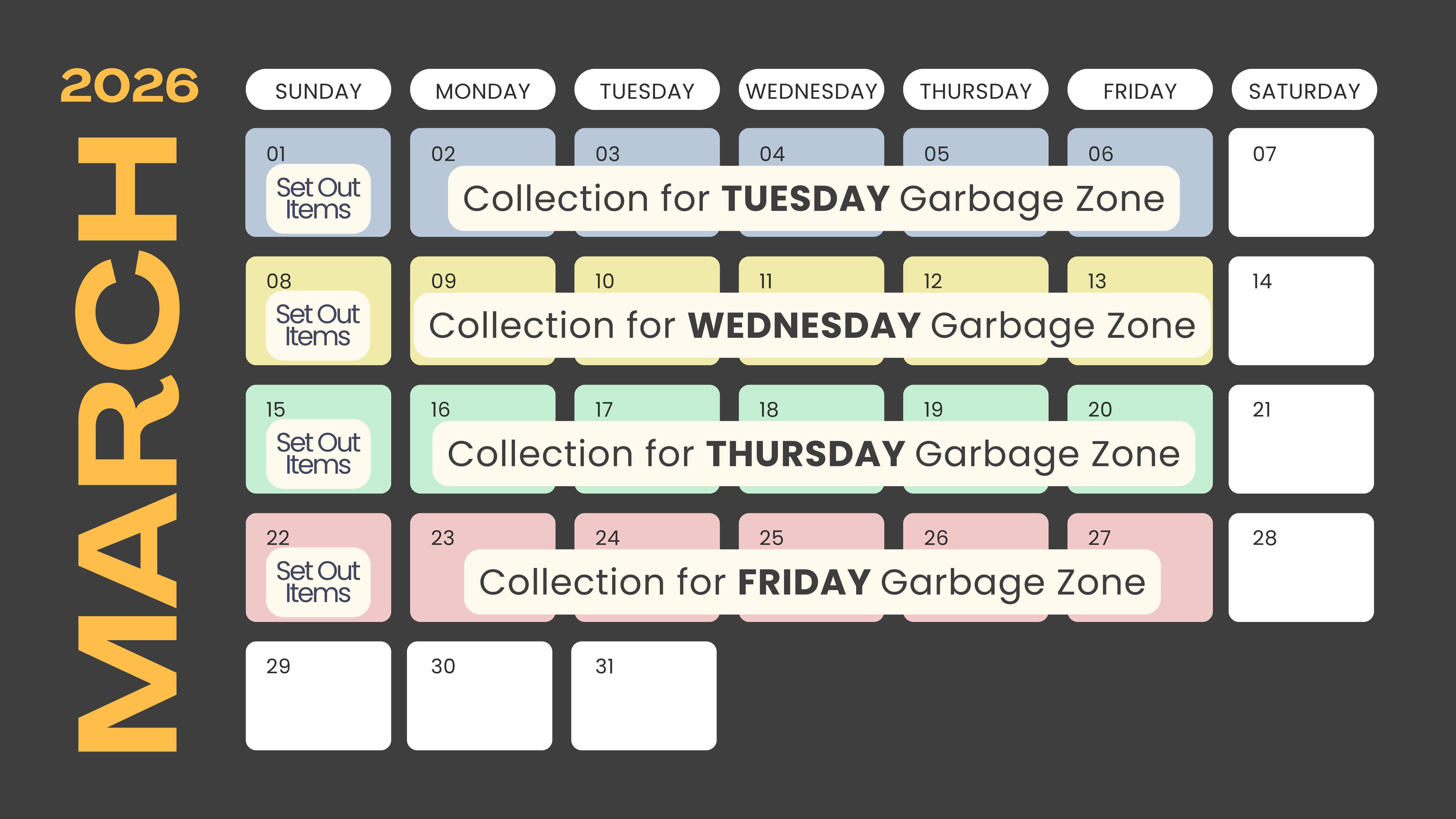 March calendar for household bulk items program